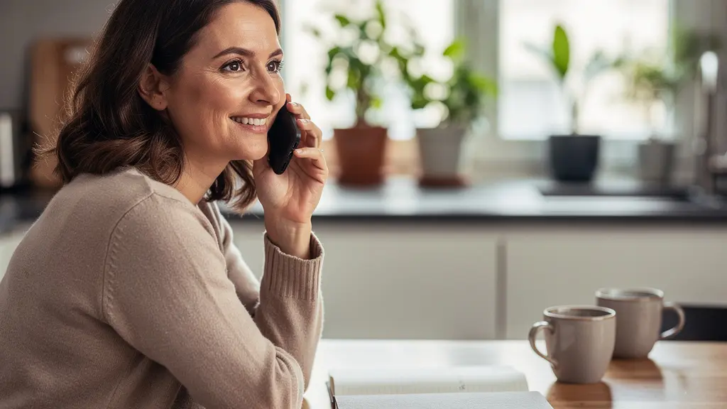 Femme en conversation téléphonique avec son courtier immobilier depuis sa cuisine