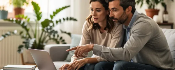 Couple français consultant un ordinateur pour leur projet de crédit immobilier