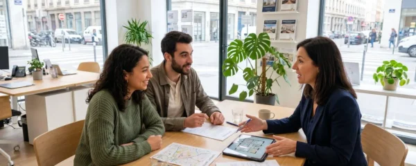 Un agent immobilier souriant discute avec un jeune couple assis face à lui dans une agence immobilière lumineuse