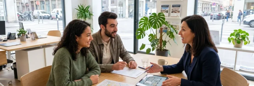 Un agent immobilier souriant discute avec un jeune couple assis face à lui dans une agence immobilière lumineuse