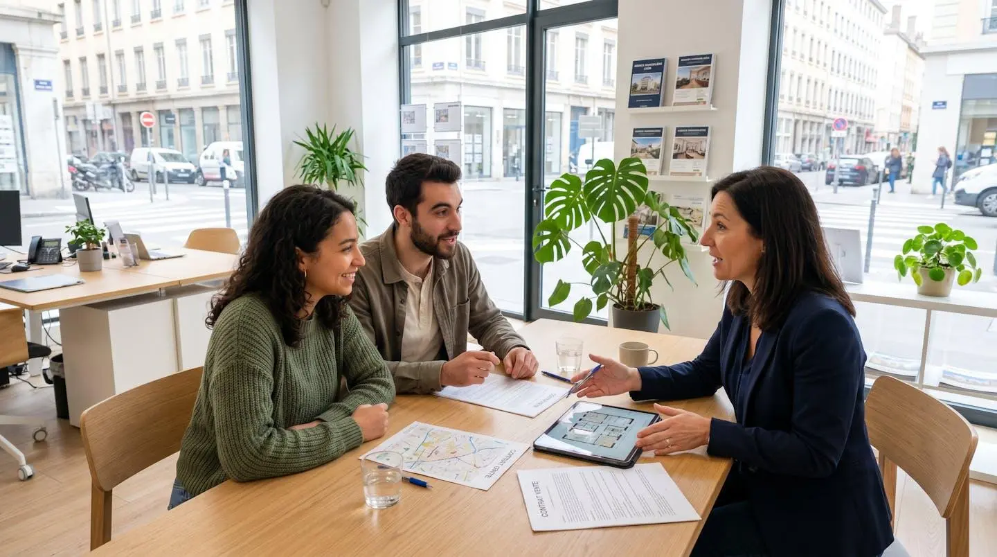 Un agent immobilier souriant discute avec un jeune couple assis face à lui dans une agence immobilière lumineuse