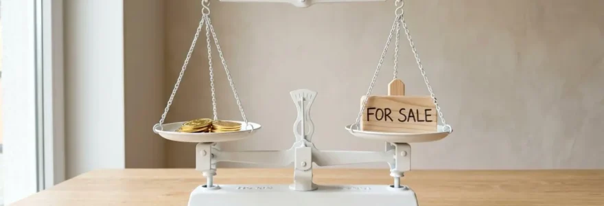 Balance de justice avec pièces d'or et pancarte à vendre, symbolisant l'équilibre du prix juste.