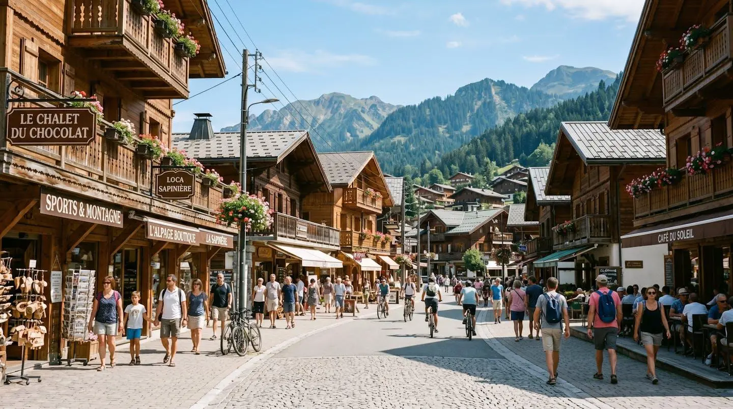 Centre du village des Gets avec chalets en bois traditionnels et commerces de proximité en été