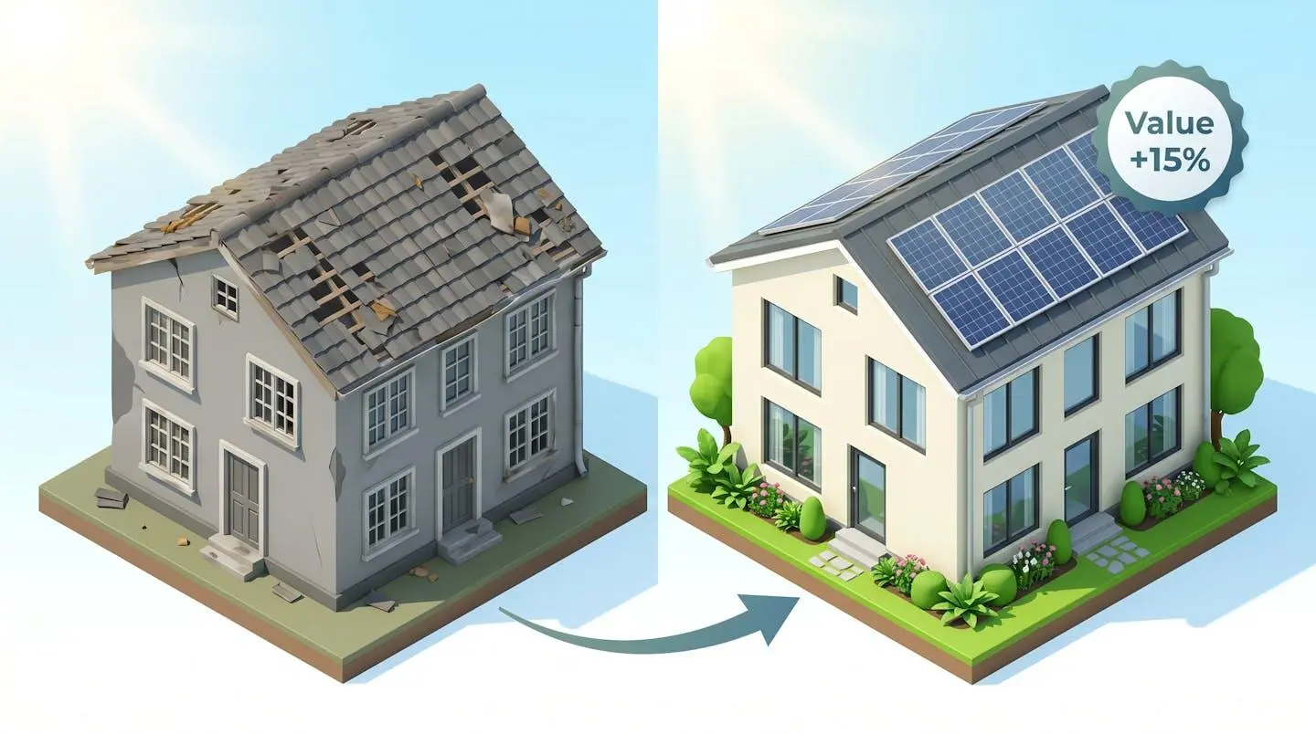 Illustration comparant une maison avant et après rénovation avec une augmentation de valeur.