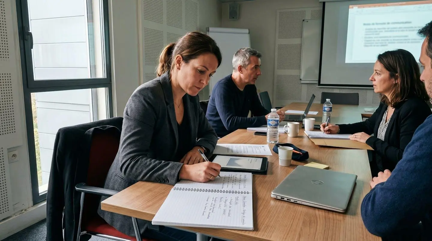 Une personne prend des notes dans un carnet lors d'une formation professionnelle en petit groupe