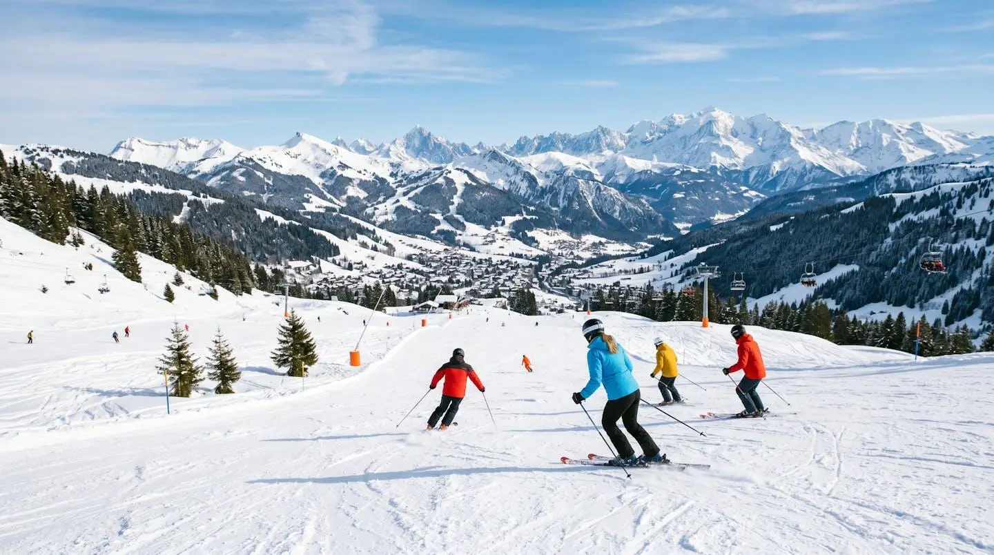 Skieurs descendant une piste bleue aux Gets avec panorama sur le domaine des Portes du Soleil