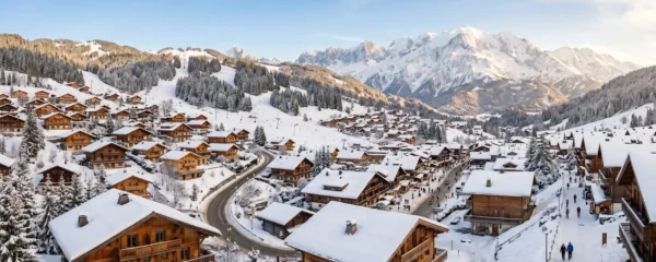 Vue panoramique du village des Gets en hiver avec chalets traditionnels savoyards et montagnes enneigées