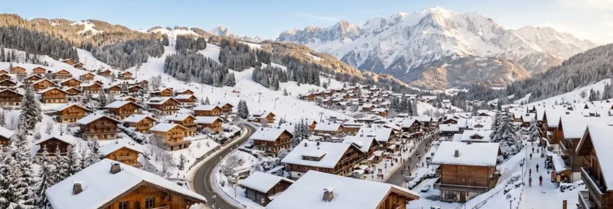 Vue panoramique du village des Gets en hiver avec chalets traditionnels savoyards et montagnes enneigées