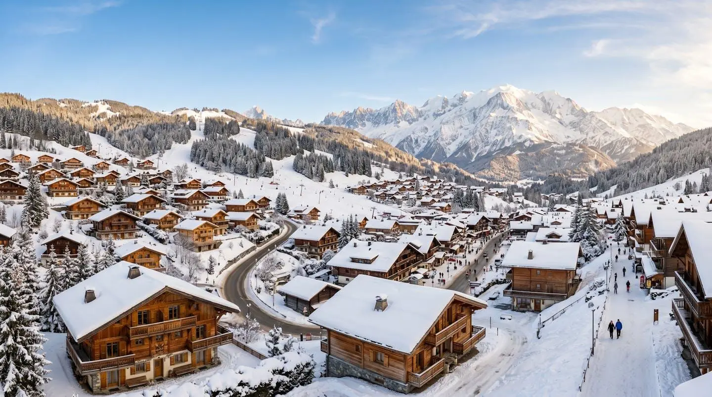 Vue panoramique du village des Gets en hiver avec chalets traditionnels savoyards et montagnes enneigées
