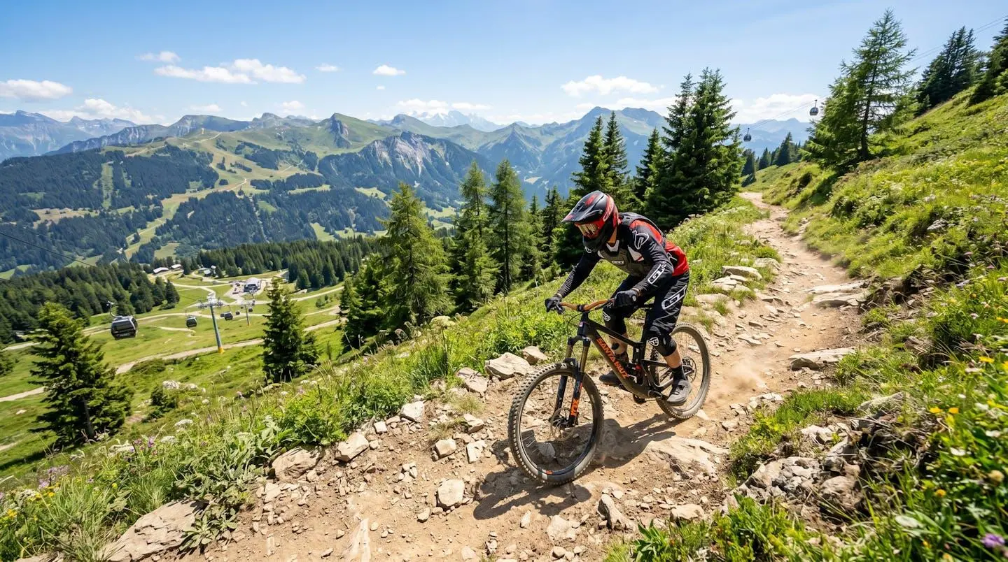 Cycliste VTT sur un sentier du bike park des Gets en été avec vue sur la vallée alpine