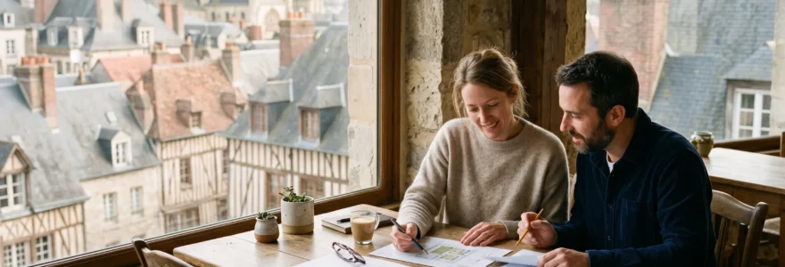 Un couple analyse des documents immobiliers devant une fenêtre donnant sur des toits d'une ville normande