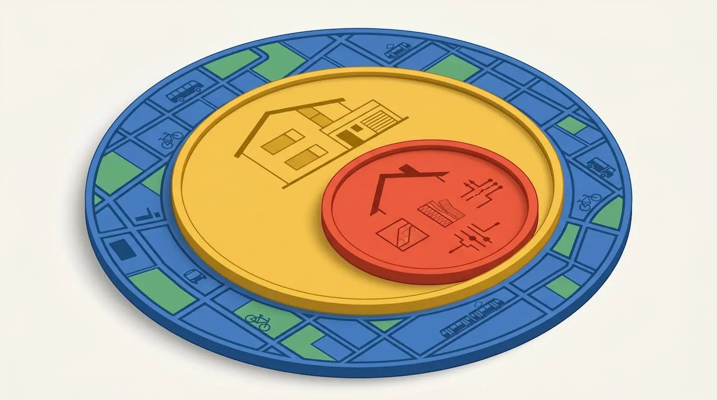 Illustration isométrique de trois cercles concentriques représentant les niveaux d'analyse immobilière : quartier, bien et caractéristiques techniques