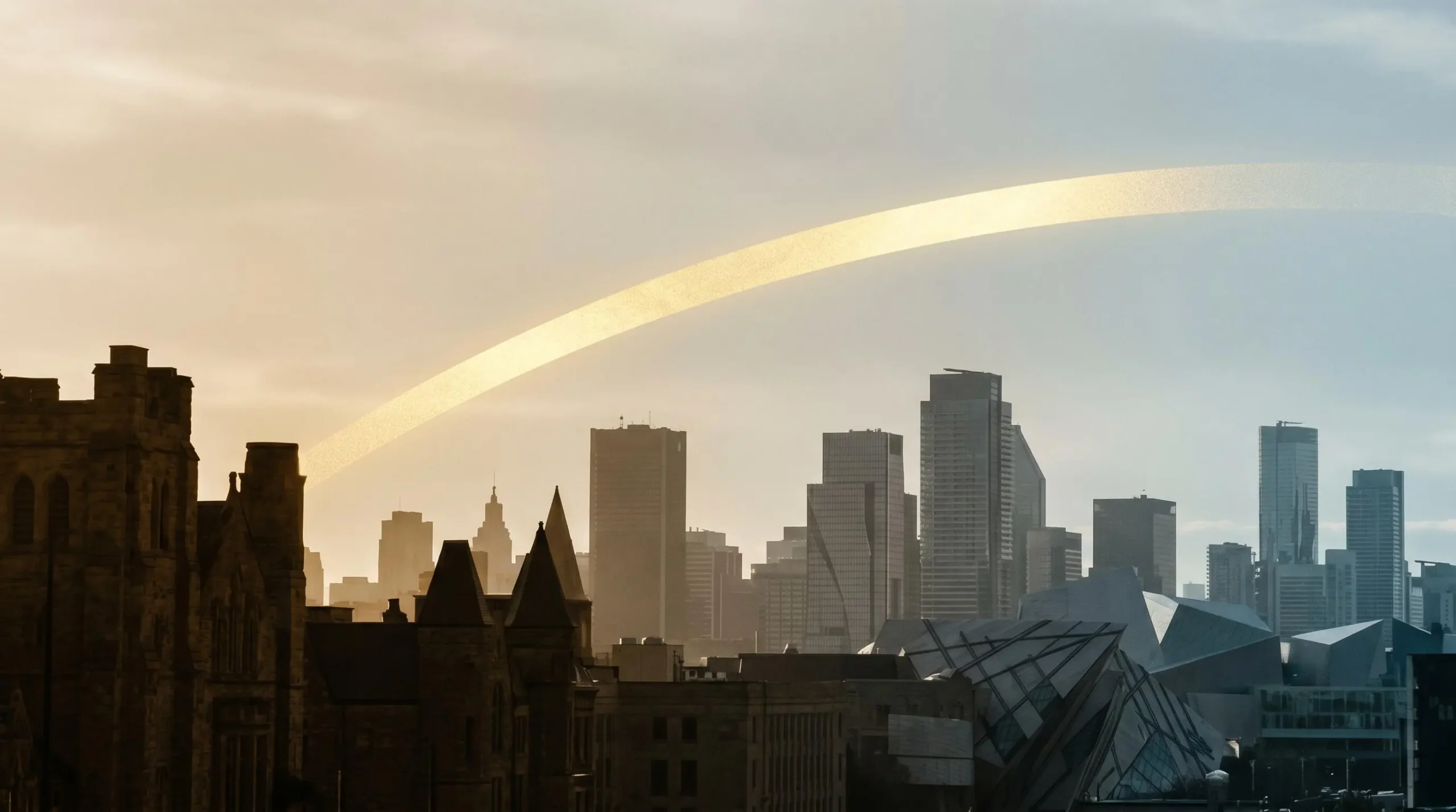 Vue panoramique abstraite d'une ligne d'horizon urbaine évoluant du passé vers le futur, traversée par une courbe ascendante symbolisant la valorisation immobilière