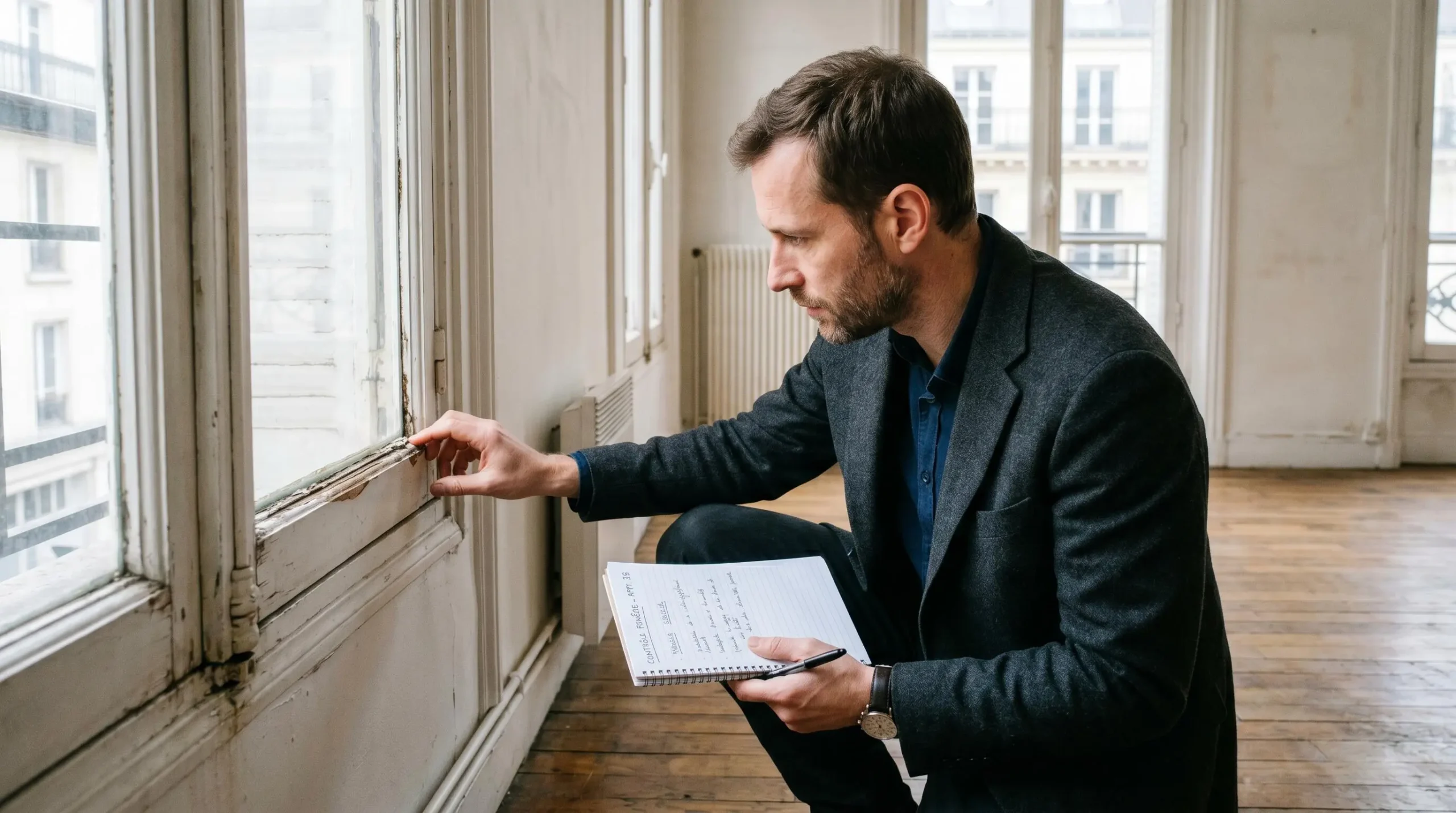 Un acheteur examine attentivement l'état d'une fenêtre ancienne dans un appartement vide lors d'une visite immobilière