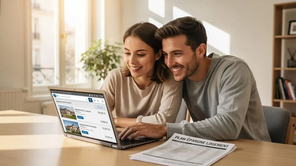 Jeune couple visitant un appartement lumineux, observant l'espace lors d'une visite immobilière