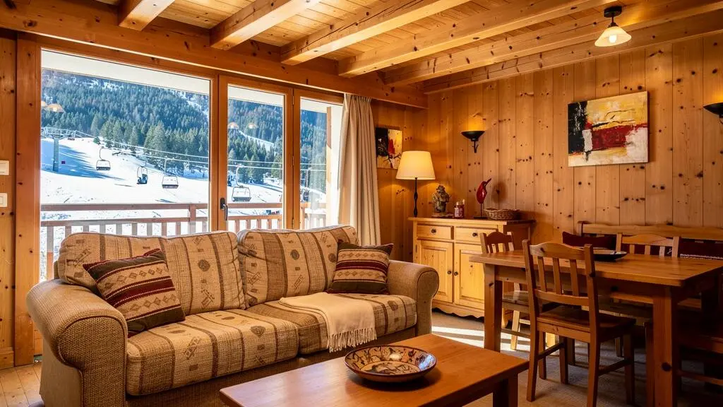 Intérieur d'un salon d'appartement de location à La Plagne avec mobilier montagnard et vue sur les pistes par la fenêtre