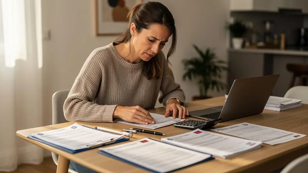 Femme organisant ses documents financiers et relevés d'épargne à domicile pour préparer son dossier de crédit immobilier