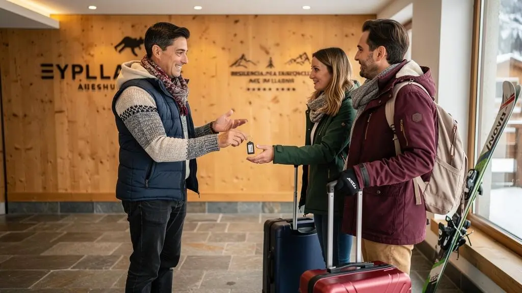 Gestionnaire remettant les clés d'un appartement de location à un couple de vacanciers dans une résidence à La Plagne