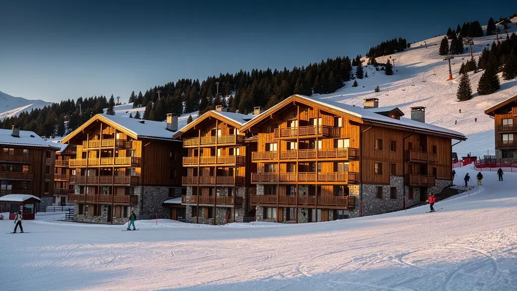 Vue de résidences d'appartements en bois et pierre à La Plagne avec skieurs et pistes enneigées en arrière-plan
