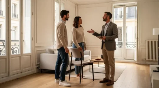 Jeune couple visitant un appartement résidentiel en France accompagné d'un agent immobilier, discutant dans le salon lumineux