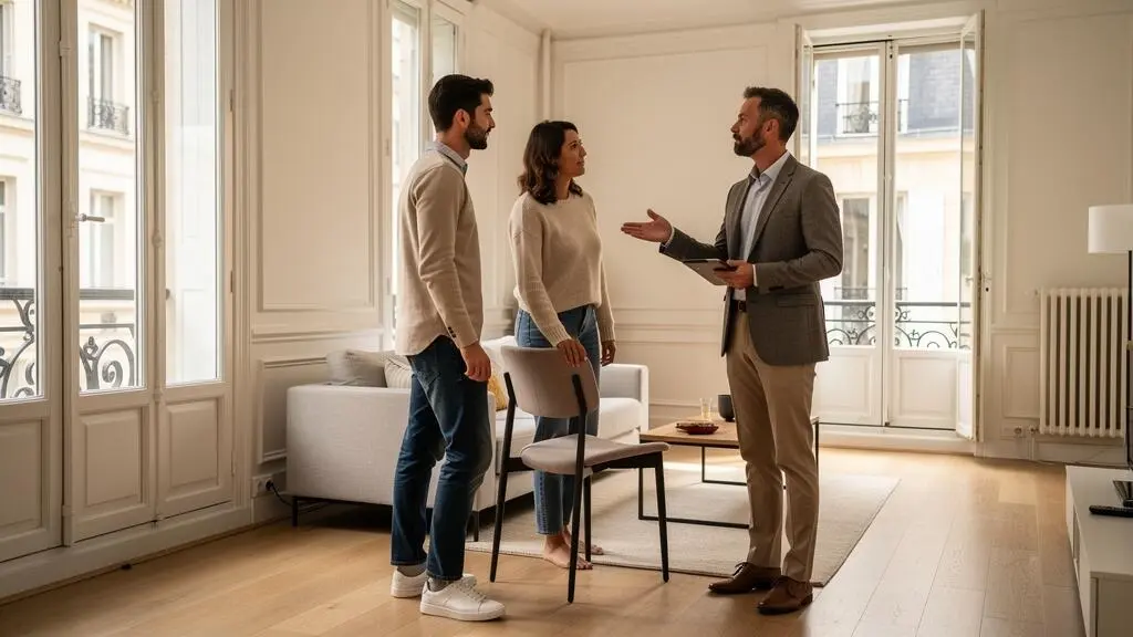 Jeune couple visitant un appartement résidentiel en France accompagné d'un agent immobilier, discutant dans le salon lumineux