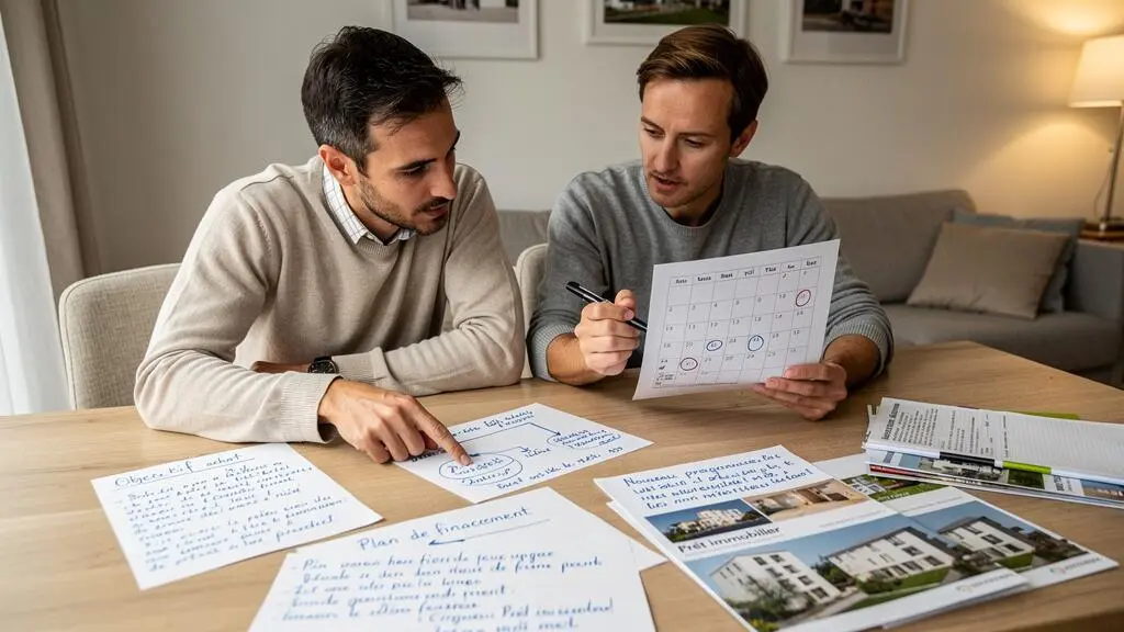 Couple à domicile planifiant leur projet immobilier autour d'une table avec calendrier et documents