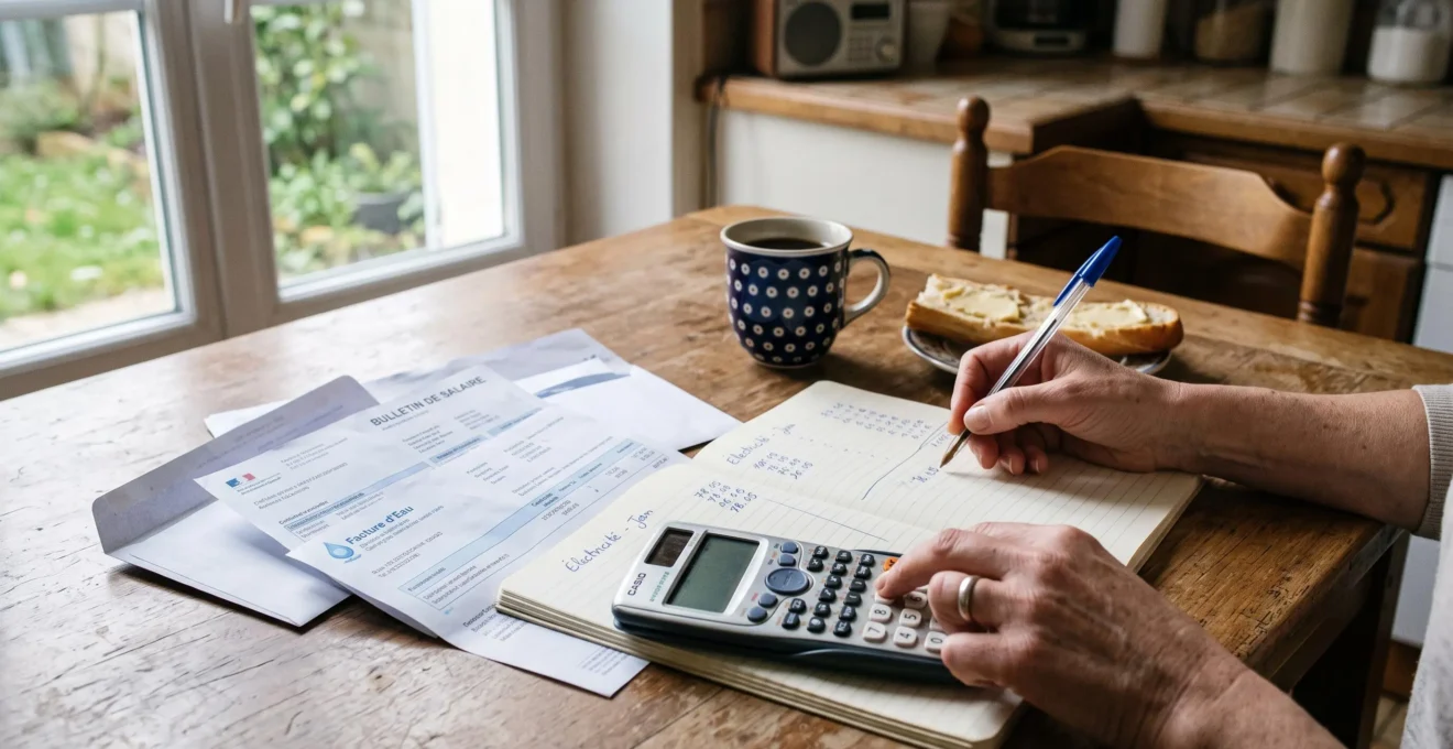 Des mains calculent un budget avec une calculatrice et des factures sur une table.