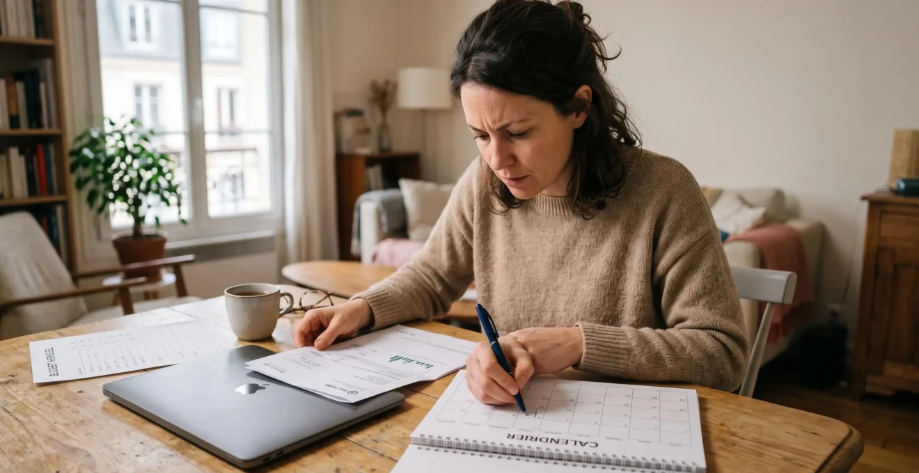 Personne vérifiant une échéance imprévue à côté de documents de budget sur une table