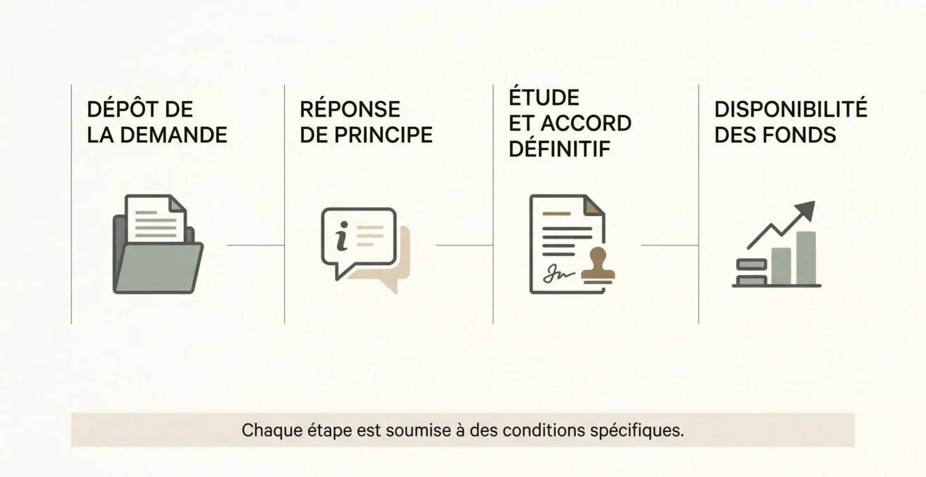 Frise conceptuelle distinguant demande, réponse de principe, décision et fonds disponibles