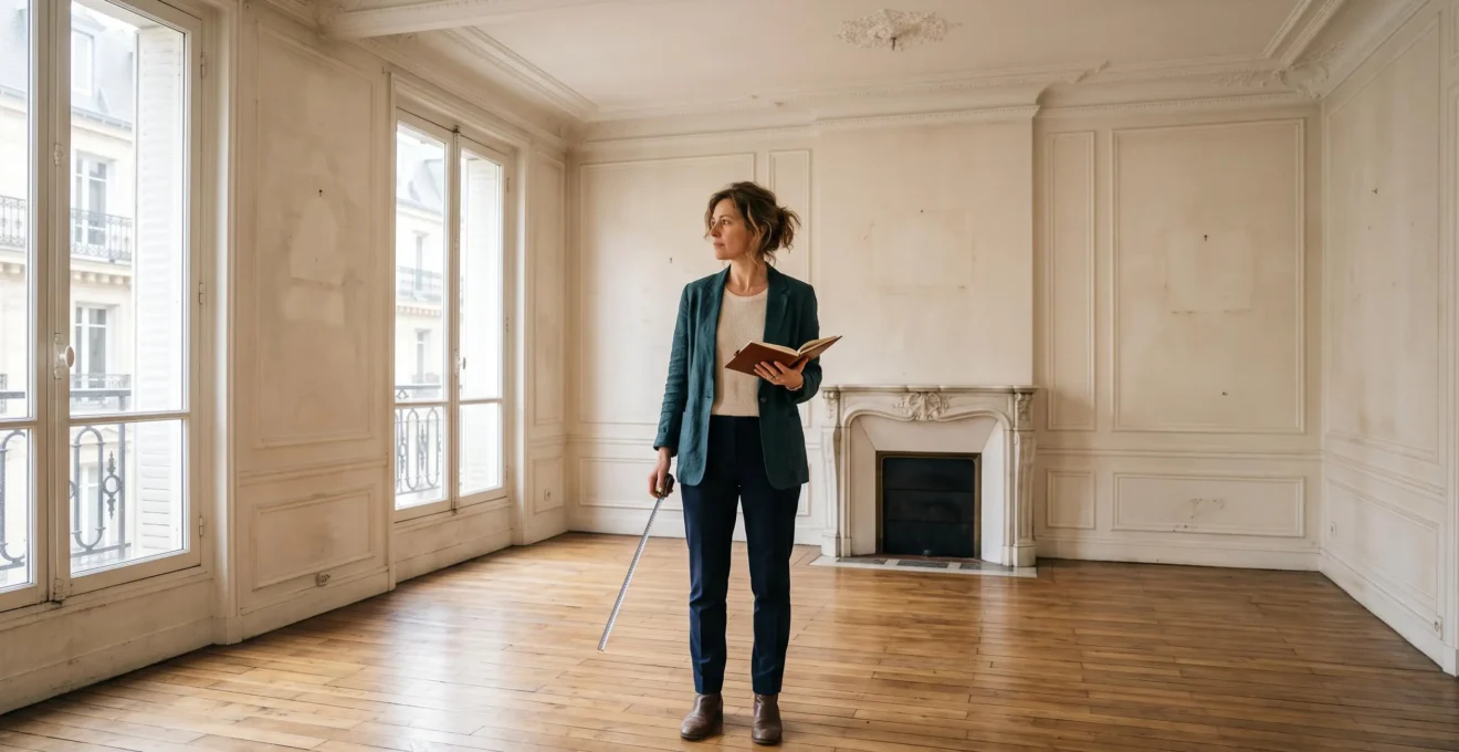 Une femme seule évalue un appartement vide avec un mètre ruban et un carnet.