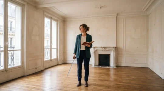 Une femme seule évalue un appartement vide avec un mètre ruban et un carnet.